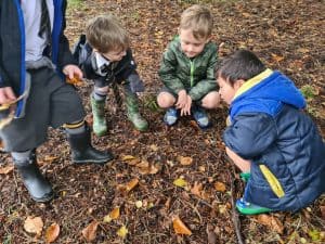 Children exploring nature at Inchmarlo, outdoor learning and woodland adventures in Aberdeenshire.