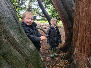 Two children exploring trees at Inchmarlo estate in Scotland.