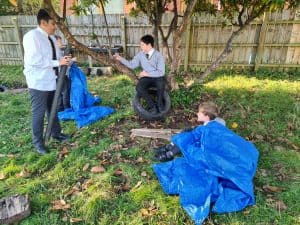 Volunteers engaging in tree planting outdoors at Inchmarlo estate in a community-driven environmental initiative.
