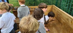 Children observing nature in Inchmarlo’s outdoor garden area.