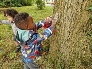 Children exploring and learning about nature by climbing a tree in Inchmarlo's outdoor environment.