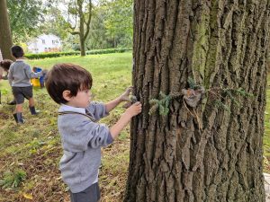 Children exploring a large tree in Inchmarlo estate, surrounded by greenery and outdoor play areas.