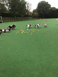 Children playing outdoor at Inchmarlo with colorful balls and cones.