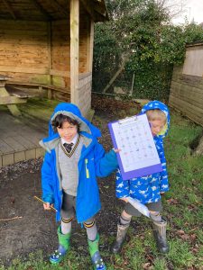 Children in waterproofs exploring outdoors at Inchmarlo.