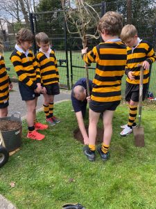 Group of children in rugby uniforms at Inchmarlo school playing outside.