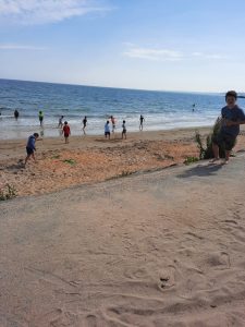 People enjoying a sunny day at Inchmarlo Beach in Scotland, sandy shore, clear waters, family fun and scenic views.