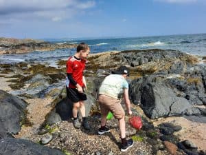 Children collecting seashells on rocky shoreline at Inchmarlo, Scotland, scenic coastal view, family fun outdoor activity.
