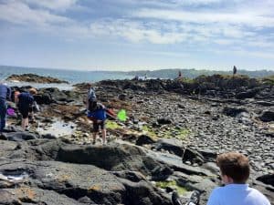 Scenic coast with rocky shoreline and visitors exploring tide pools near Inchmarlo, Scotland.