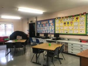 Bright classroom at Inchmarlo with colorful student projects on the wall.