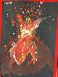 Colorful abstract volcano painting with dynamic splashes of red, orange, and yellow.